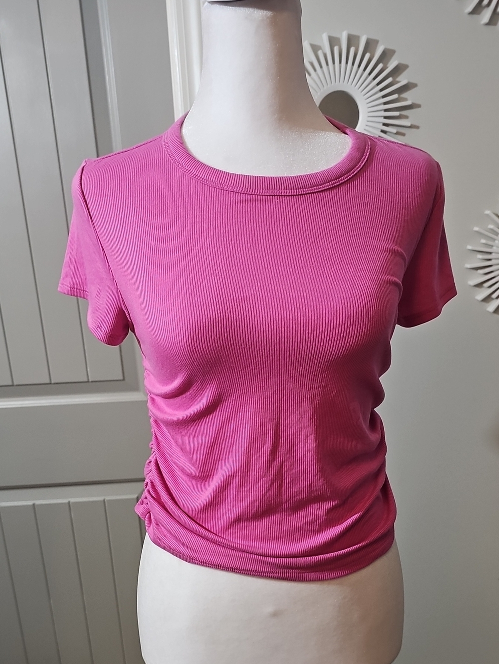 Women's Ribbed Short Sleeve Tee in Hot Pink